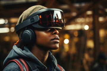 Black young adult man with headphones, large protective transparent VR glasses, work uniform, hoodie looking at side. Construction worker on blurred warehouse background. Close-up. Bokeh lights - Powered by Adobe