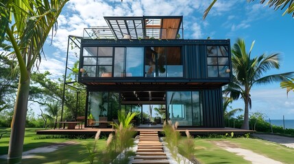 Seaside Sanctuary: Luxurious Beachfront Shipping Container Home Offering Freelancer Retreat Vibes