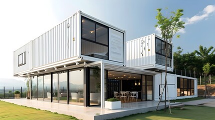 Fototapeta na wymiar Urban Sophistication: White Metal Building Crafted with Shipping House Containers