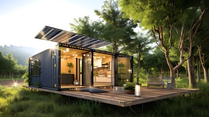 Solar Oasis on the Go: Portable Container Home with Sun-Powered Charm and Porch