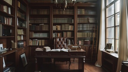 Antique Vintage Study Room with Mahogany Desk and Bookshelves AI Generated. - obrazy, fototapety, plakaty