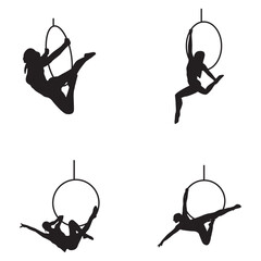 Aerial Hoop Silhouette. Aerial Gymnastic Girl Icon, Isolated On White Background. - obrazy, fototapety, plakaty