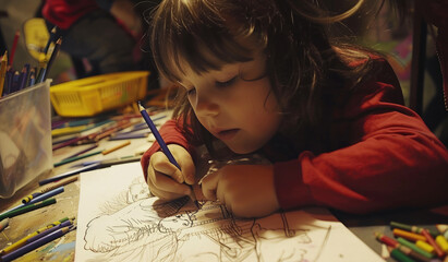 child drawing image on a piece of paper