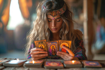 White gypsy girl with closed eyes. Fate. Beautiful young tanned white blonde woman with long hair sits in ethnic clothing with decorations in room at table with mystical tarot cards, metaphorical card - obrazy, fototapety, plakaty