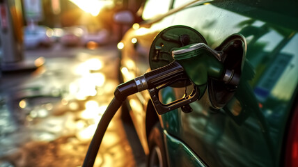 Fuel pump nozzle refueling a green car during a vibrant sunset, with reflections on the vehicle's surface. - obrazy, fototapety, plakaty