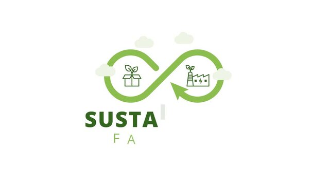 sustainable factory animated with green color, green leaf, carton box and factory icon 