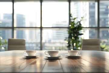 cups of coffee on the office table with people meeting background