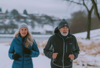 A couple jogging on snowy park in winter