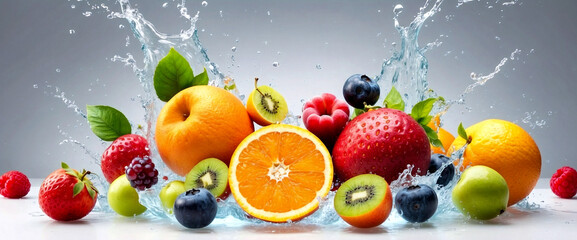 different kind of Fruits with Water Splash on white background 
