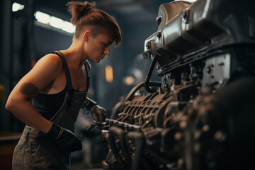 Obraz na płótnie Canvas Woman working with large engine repairs
