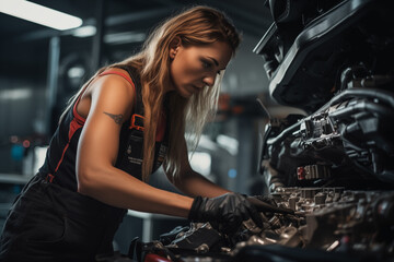 Woman working with large engine repairs