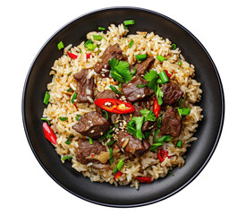 Wooden bowl with beef with rice isolated on transparent background, Asian cuisine