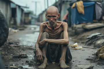 concept of hunger and misery, man from poor country suffering from hunger and disease