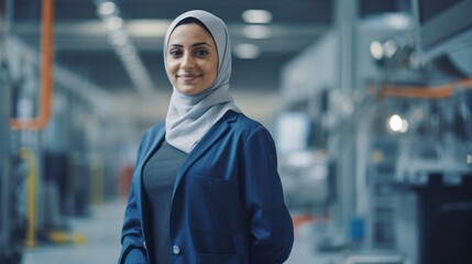 Fototapeta na wymiar Portrait of a happy and confident Muslim female worker with high tech machinery job in a modern technology automotive manufacturing workspace
