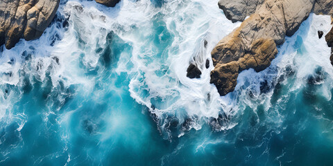 A wave breaks on the rocks in the ocean.AI Generative
 - obrazy, fototapety, plakaty