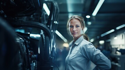 Fototapeta na wymiar Portrait of a happy and confident female worker with high tech machinery job in a modern technology automotive manufacturing workspace