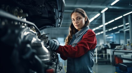 Fototapeta na wymiar Portrait of a confident female worker with high tech machinery job in a modern technology automotive manufacturing workspace