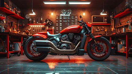 Fototapeten motorcycle workshop with dark and red color background © growth.ai