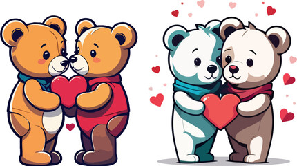 Vector illustration of kissing teddy bears with hearts, Valentine's Day. 