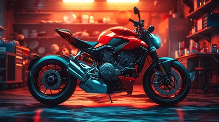 Fototapete motorcycle workshop with dark and red color background © growth.ai