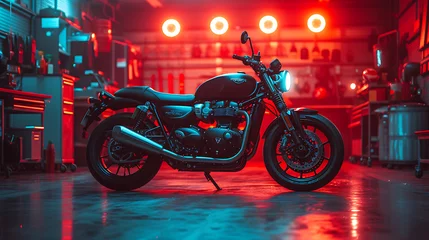 Foto auf gebürstetem Alu-Dibond Motorrad motorcycle workshop with dark and red color background