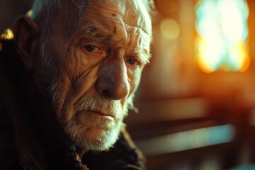 an elderly man emotionally moved, The poignant scene conveys a moment of vulnerability and deep sentiment within the sacred space