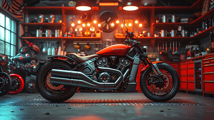 motorcycle workshop with dark and red color background