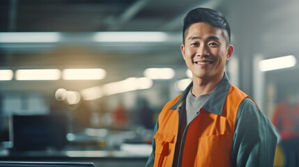 Portrait of a happy and confident Asian male worker with high tech machinery job in a modern technology automotive manufacturing workspace