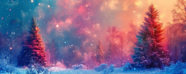 christmas trees with starry sky, floral impressionism, color splash, happy festival background