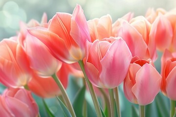 Pink tulips in pastel coral tints at blurry background, closeup. Fresh spring flowers in the garden with soft sunlight for your horizontal floral poster, wallpaper or holidays card. generative ai.