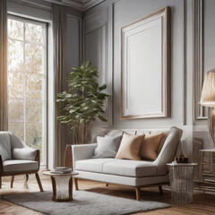 Naklejka premium Mock up frame with glass reflection in cozy room with white wall interior background, 3d render