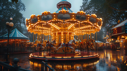 symmetrical carnival entrance showing a carousel, zoomed out shot