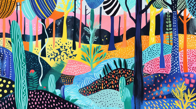 Colorful hand drawn forest landscape, childlike minimal style, vibrant textured trees and plants, ideal for children's book, playful background