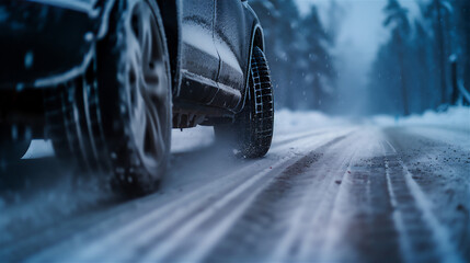 雪道と車のタイヤ - obrazy, fototapety, plakaty