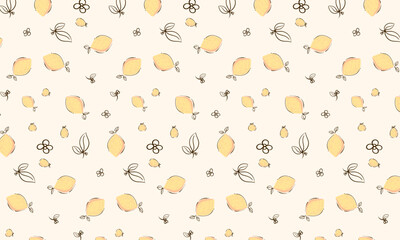 Seamless pattern with lemons and flowers. Hand drawn vector illustration.