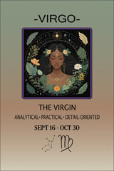 A serene Virgo zodiac poster portrays a woman with celestial motifs, surrounded by nature, emphasizing analytical, practical, and detail-oriented traits