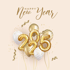 Happy new year 2025. realistic gold balloon numbers of 2025. on square background