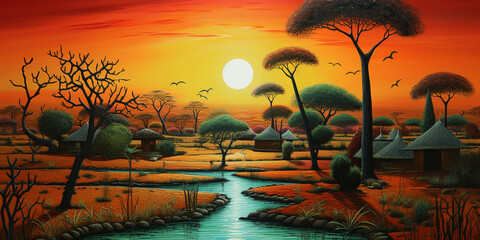 Painting of a tribal village that is a hut in Africa with landscapes, trees, rivers and tribal...