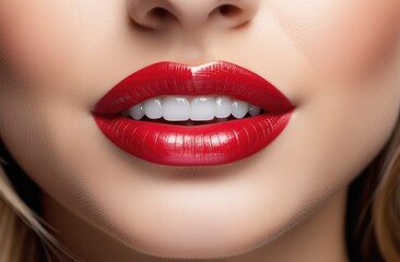 Obraz premium lips with red lipstick,White Beautiful Teeth, Dentistry and Oral Hygiene with Woman on Neutral Background, Teeth Whitening. Dental Services, Healthcare & Veneers Women, Happy Smile