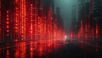 Red digital matrix raining down in a dark, cyber cityscape concept