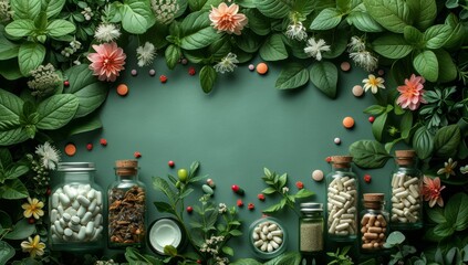 Herbal and medicinal drugs composition with green leaves and flowers