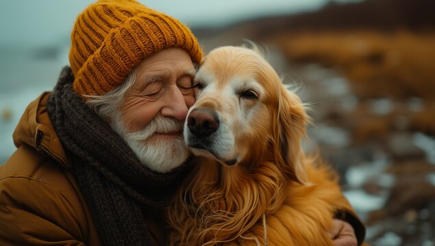 Senior man sharing a loving moment with his Golden Retriever on a beach - Powered by Adobe