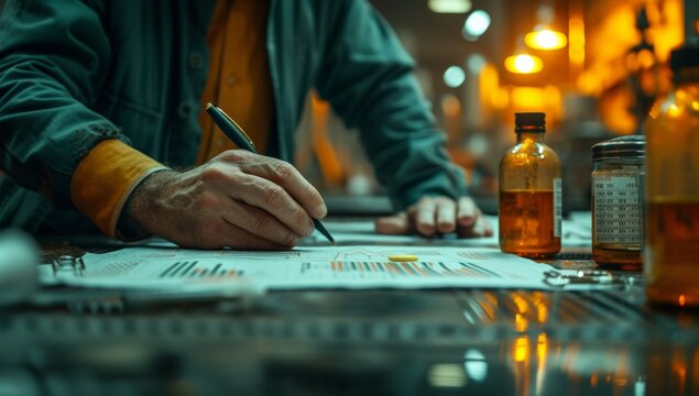 Focused man analyzing data and graphs in a workshop with vintage bottles