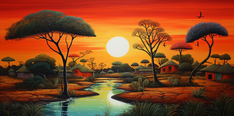 Drawing of a tribal village with simple huts. With views of trees, rivers, mountains and tribal nature, there is sunlight.