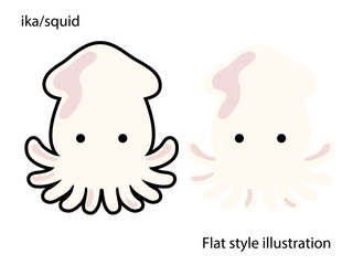 かわいいイカのベクターイラスト素材。画線があるイカと画線がないイカのイラストのセット。カードやチラシの挿し絵に役立つクリップアート。