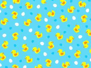 かわいいアヒルのヒナと卵のシームレスなパターン、水色の壁紙。子ども向けのチラシやバナーに使える便利なベクター素材。 © GRACE