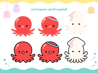 ハチマキをしたタコとイカのベクターイラスト素材。画線がある絵と画線がない絵のイラストのセット。デザインに役立つクリップアート。 © GRACE