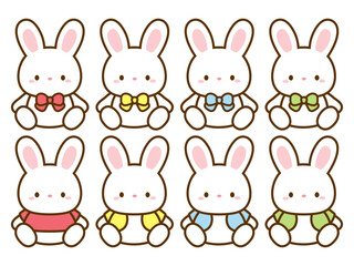 服を着たウサギのベクターイラストのセット。いろいろな種類のクマのアイコン、挿し絵に便利なクリップアート。