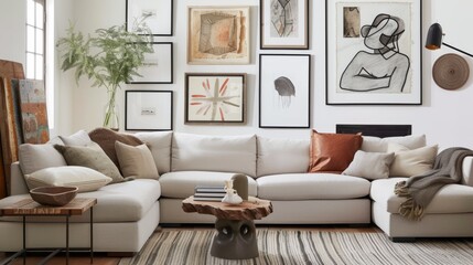 Stylish Contemporary Living Room with Large Sectional Sofa and Art Gallery Wall