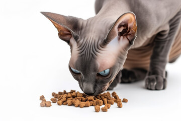 Sphynx cat eating kibble, isolated on white background